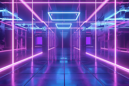 Futuristic Sci-Fi corridor with glowing neon lights. 3d renderingの素材