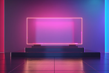 Empty podium in neon light, 3d rendering. Computer digital drawing.の素材