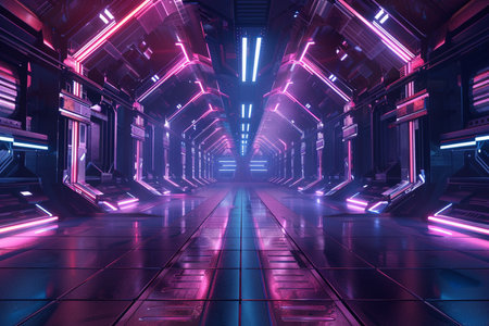 Futuristic scifi tunnel corridor with glowing lights 3D renderingの素材