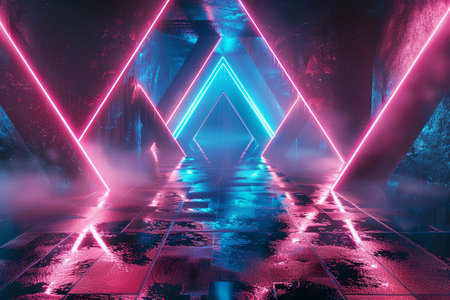 3d render, abstract background with neon lights, dark tunnel corridorの素材