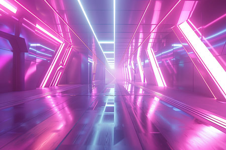 Futuristic corridor with glowing neon lights. 3D rendering.の素材