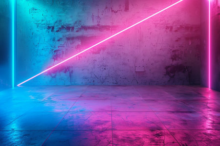 Purple and pink neon light in empty dark room. 3d renderingの素材