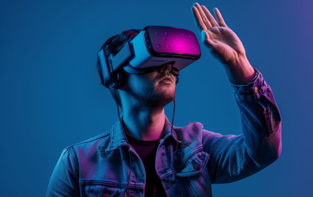 Young man with virtual reality headset or 3d glasses on blue backgroundの素材