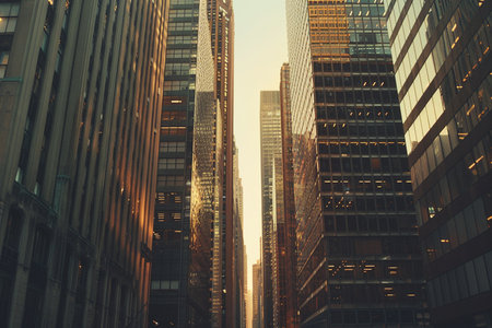 New York City skyscrapers at sunset, vintage toned.の素材