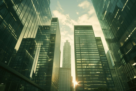 Low angle view of modern skyscrapers in Chicago, Illinois.の素材