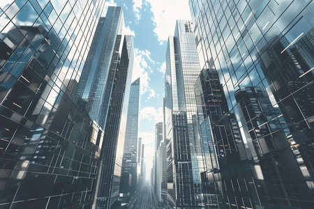 Modern skyscrapers in business district. 3d rendering toned imageの素材
