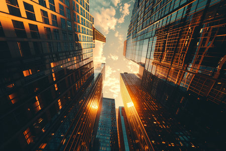 Bottom view of modern skyscrapers in business district at sunset. Business and financial concept. Double exposureの素材