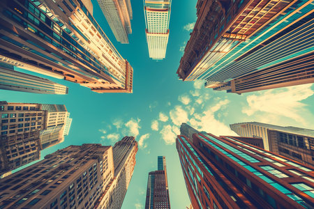 Low angle view of skyscrapers in New York City, USA.の素材