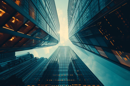 Modern business skyscrapers in the city. 3d rendering toned imageの素材
