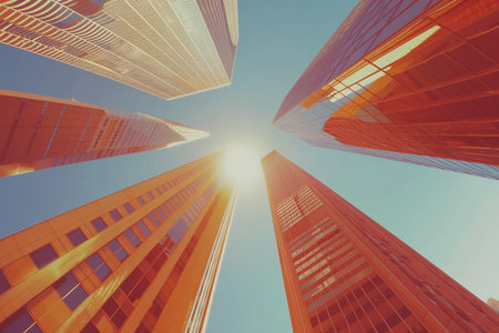 Modern skyscrapers in the city. Filtered image processed vintage effect.の素材
