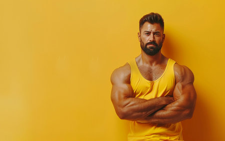 Handsome bearded man in yellow t-shirt on yellow background.の素材