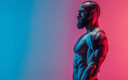 Athletic male bodybuilder posing on gradient studio background in neon light. Concept of sport, bodybuilding, healthy lifestyle. Half-length portrait.の素材