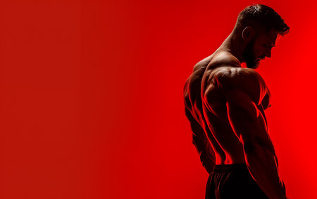 Silhouette of young muscular male bodybuilder posing over red background.の素材