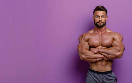 Portrait of a handsome young man with muscular body posing over purple background.の素材