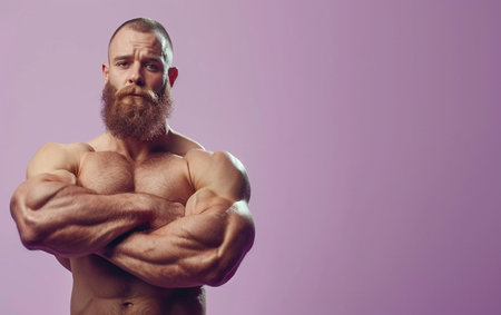 Portrait of a strong bodybuilder with a long beard on a purple backgroundの素材