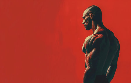 Portrait of a muscular man posing in front of a red background. The concept of bodybuilding.の素材