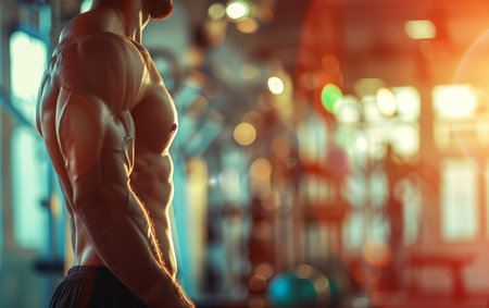 Handsome Young Man Standing Strong In The Gym And Flexing Muscles - Muscular Athletic Bodybuilder Fitness Model Posing After Exercisesの素材