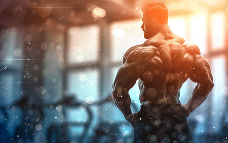 Healthy lifestyle and bodybuilding concept as a group of young fit people flexing muscles and posing in a gym as a bodybuilding and fitness concept with 3D illustration elements.の素材