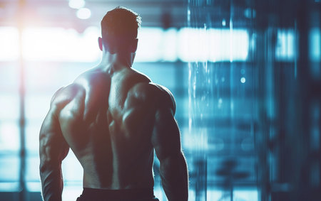 Handsome Young Man Standing Strong In The Gym And Flexing Muscles - Muscular Athletic Bodybuilder Fitness Model Posing After Exercisesの素材