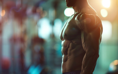 Handsome young muscular Caucasian man working out training in the gym gaining weight pumping up muscles and poses fitness and bodybuilding conceptの素材