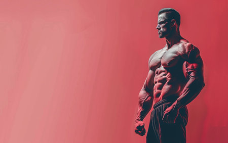 Athletic bodybuilder posing in studio over red background.の素材