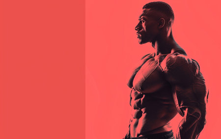Portrait of a strong bodybuilder posing on a red background.の素材