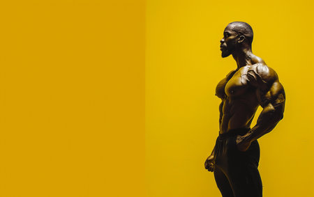 Muscular african american bodybuilder posing over yellow background.の素材