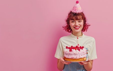 Cheerful young woman in party hat holding cake on pink backgroundの素材