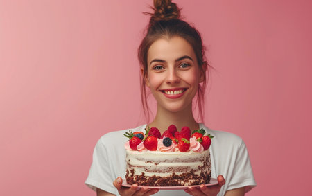 Beautiful young woman with a cake on a pink background. The concept of a happy birthday.の素材