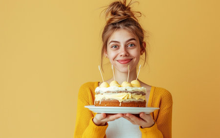 Portrait of a happy young woman with cake isolated over yellow backgroundの素材