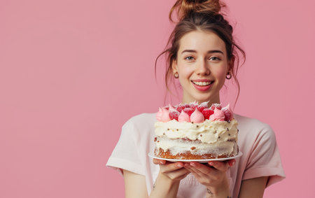 Portrait of a beautiful young woman with a birthday cake on a pink backgroundの素材