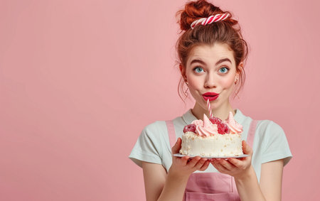 Surprised young woman holding birthday cake and looking at camera isolated over pink backgroundの素材