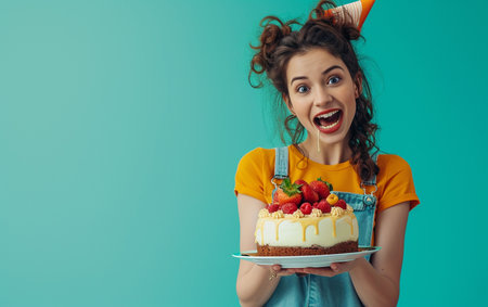 excited young woman holding birthday cake and looking at camera isolated on blueの素材