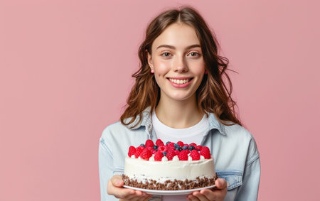 Smiling young woman holding a birthday cake with raspberries and blueberriesの素材