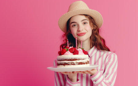 Beautiful young girl in a hat holds a cake with strawberries on a pink backgroundの素材