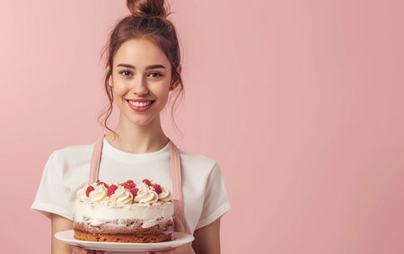 happy young woman in white t-shirt and pink apron holding cake on pink backgroundの素材