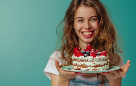 Portrait of beautiful young woman with berry cake on blue backgroundの素材