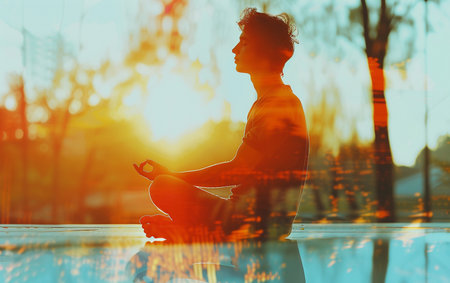 Silhouette of a young man practicing yoga in the park at sunsetの素材