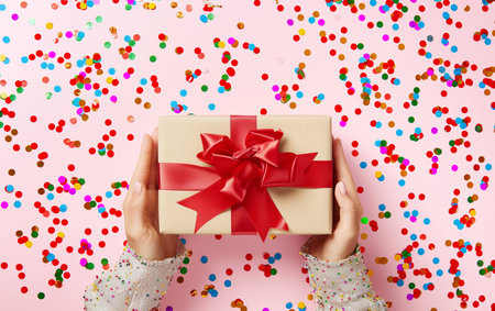 Female hands holding a gift box on a pink background with confettiの素材