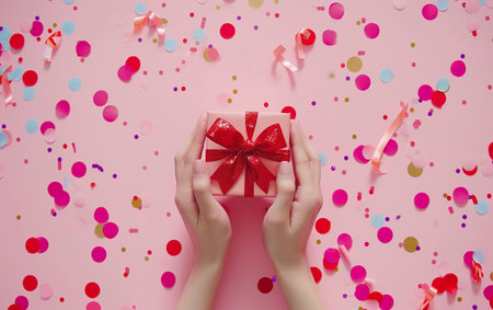 Female hands hold a gift box on a pink background with confettiの素材