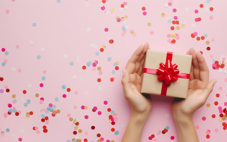 Female hands holding a gift box on a pink background with confettiの素材