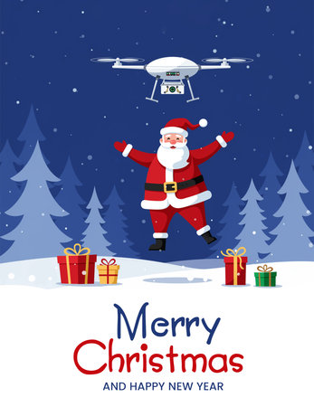 Merry Christmas and Happy New Year greeting card with Santa Claus flying drone. Vector illustration.の素材