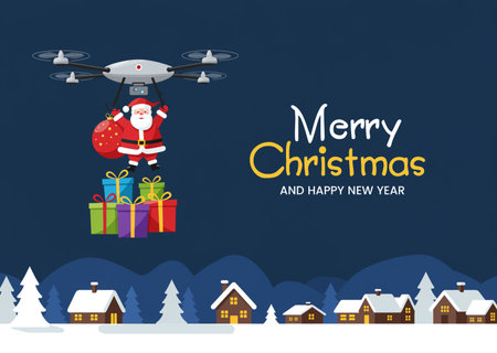 Merry Christmas and Happy New Year greeting card with Santa Claus flying drone with gift box.の素材