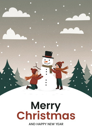 Merry Christmas and Happy New Year greeting card with cute kids making snowman. Vector illustration.の素材