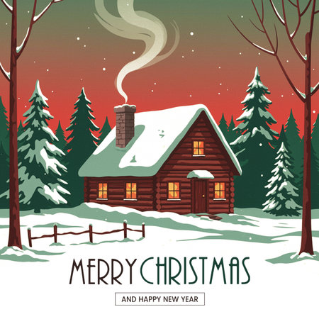 Merry Christmas greeting card with wooden house in winter forest. Vector illustration.の素材