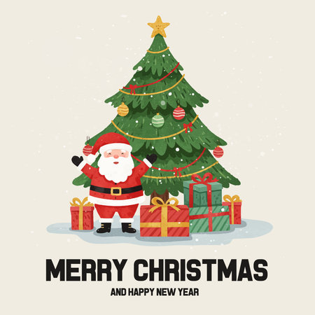 Merry Christmas and Happy New Year poster with Santa Claus and Christmas tree.のイラスト素材