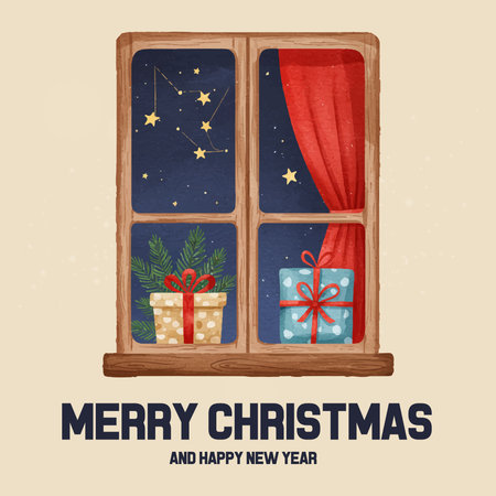 Merry Christmas and Happy New Year greeting card with window and gifts. Vector illustration.のイラスト素材