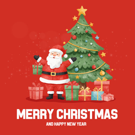 Merry Christmas and Happy New Year greeting card with Santa Claus and Christmas tree.のイラスト素材