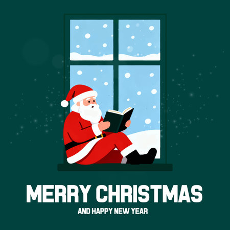 Santa Claus reading a book in the window. Merry Christmas and Happy New Year. Vector illustrationのイラスト素材