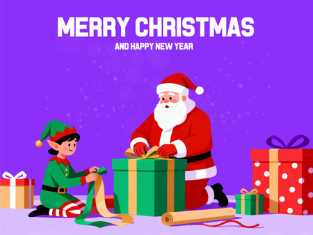 Merry Christmas and Happy New Year banner with Santa Claus and elf. Vector illustrationのイラスト素材
